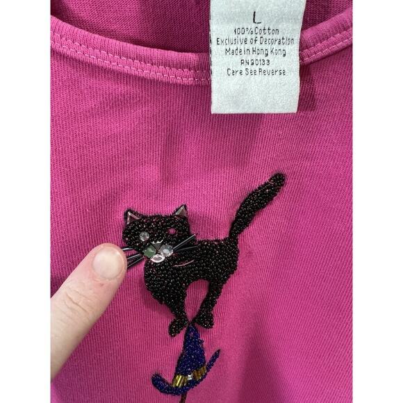 The Quacker Factory Women’s Beaded Halloween Shirt Size L Pink Witchy Black Cat - Picture 7 of 8